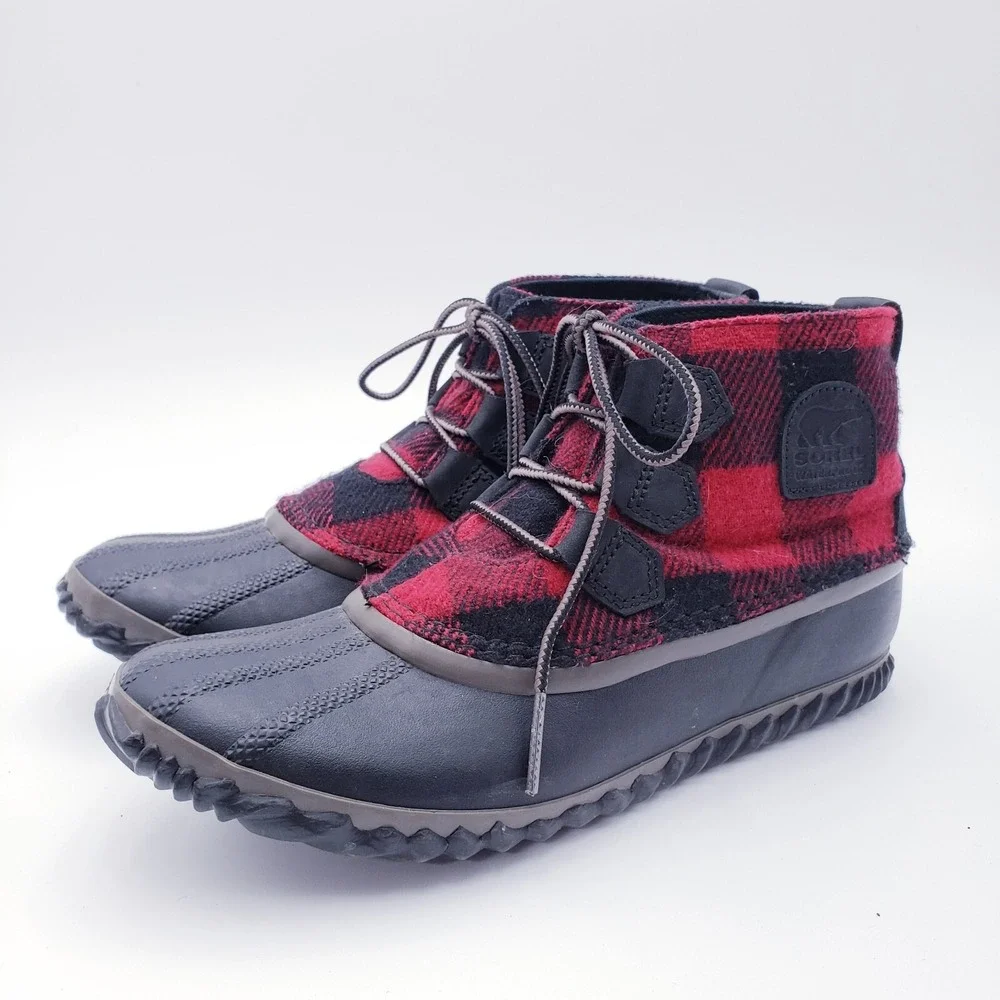 Sorel Out N About Rain Boots Red Black Buffalo Plaid Waterproof Duck Boots 8.5‎